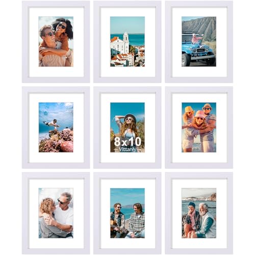 Image of Vittanly 8x10 Picture Frames Set of 9, Shatter Resistant Plexiglass, Display 5x7 Pictures with Mat or 8x10 without Mat, Photo Frames for Wall or Tabletop, Engineered Wood, White