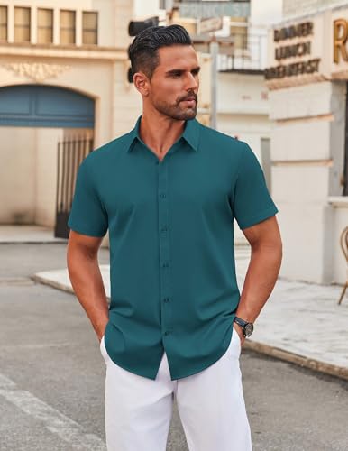 COOFANDY Casual Dress Shirts for Men Short Sleeve Summer Wedding Shirts Button Up Shirts Teal - Image 2