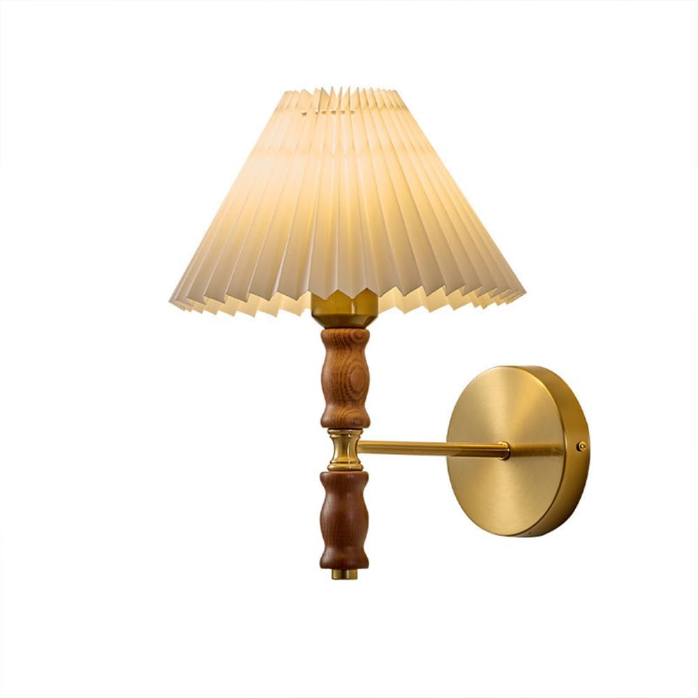 Gold Wall Sconce Indoor Wall Light Fixture with Pleated Fabric Shade, E14 Hardwired Wall Mount Lamps for Bedroom Bedside Living Room, Bathroom Vanity Walnut Wood Wall Lighting
