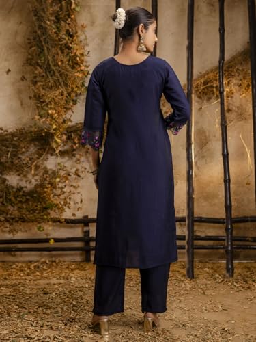 Image of VredeVogel Kurta Set with Dupatta | Viscose Roman Silk Embroidered Kurta Set for Women | Women's Ethnic Casual Kurti Set |Kurta Pant Festive Suit
