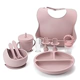 Indique Baby Weaning Set - 11 Pcs Silicone Baby Feeding Set with Suction Plate, Weaning Kit with Adjustable Bib, Fork, Spoon, Fruit Feeder & Toothbrush – Ideal Weaning Set Baby Gift (Light Pink)