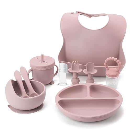 Indique Baby Weaning Set - 11 Pcs Silicone Baby Feeding Set with Suction Plate, Weaning Kit with Adjustable Bib, Fork, Spoon, Fruit Feeder & Toothbrush – Ideal Weaning Set Gift (Light Pink)