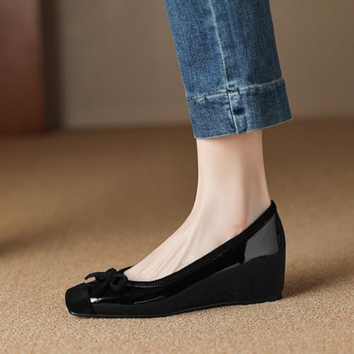 Alyaafifa Comfortable Low Heel Wedge Pumps for Women 2 Inches Closed Square Toe Mary Janes Suede Leather Dress Shoes Party Event Wedding Prom Office Working4