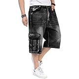 Men's Multi-Pocket Skateboard Denim Short Pants Hip Hop Straight Leg Slim Jean Short Cropped Work Ca
