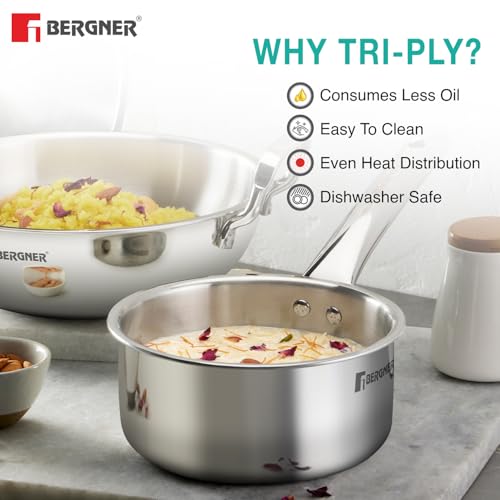 Image of Bergner TriPro 3 Pcs Tri-Ply Stainless Steel Induction Bottom Cookware Set - 22cm (2L) Kadai and 22cm (1L) Frypan, 14cm (1.1L) Teapan, Less Oil Use, Easy to Clean - Induction and Gas Stove Ready