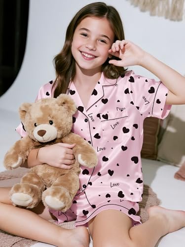 Boys Girls Pajamas 3 Piece Silky Satin Pajama Set Button Down Soft Sleepwear Loungwear, 4-14 Years3
