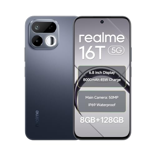 Image of realme 16T 5G Smartphone 8000mAh Titan Batterya, 8GB RAM 128GB ROM, 6.8 inch 144Hz Display, 50MP AI Rear Camera & Selfe Mirror, MediaTek Dimensity 6300 Processor, Android 16, IP69 Pro Starlight Black