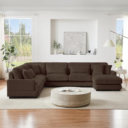 Oversized U-Shaped Sectional Sofa Couch Plush Corduroy Upholstered Modular Deep Seat Sofa&Couch Sectional W/Right Facing Chaise Lounge and 7 Toss Pillows for Home Apartment Living Room Furniture Sets