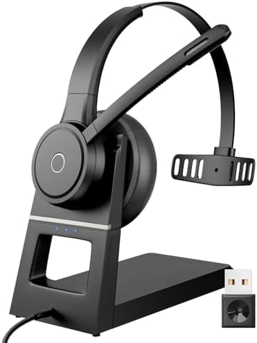 Blue Air Wireless Headset with Microphone, Bluetooth Headphones with Mic Noise Cancelling & Mute, USB Dongle, Charging Base for Work/Computer/Laptop/Phone/Office/Skype, Black