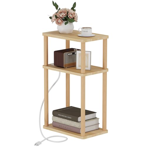 LUCKNOCK Solid Wood Side Table with Charging Station, 3-Tier Small End Table with USB Ports and Outlets, Narrow Couch Side Table, Skinny Nightstand Bedside Table for Small Spaces, Bedroom, Living Room