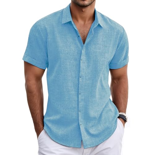 Neteson Camicia Lino Uomo Manica Corta Camicie Estiva Casual con Bottoni Shirt Tinta Unita Lavoro Camicia da Spiaggia Vacanza Regolare