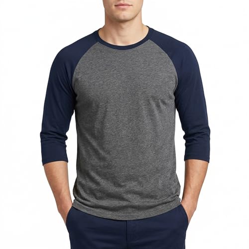Image of Men's Raglan Baseball Tee Shirt - Casual T-Shirts, 3/4 - Navy/Charcoal, XL