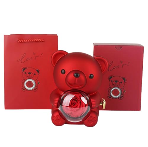 Jntahecg - Preserved Rose Bear Gift Box,Eternal Flowers Rose Box, Necklace Pendant Jewelry Box,Gifts for Girlfriend Wife Christmas Valentines Day (Red)