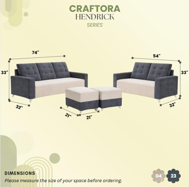 Image of Hakuna Dual Tone Plush Velvet 3 Seater + 2 Seater Sofa Set with 2 Ottoman | Silken Velvet Suede Upholstery | Designer Sofa for Living Room & Office Spaces (Dark Grey & Cream)