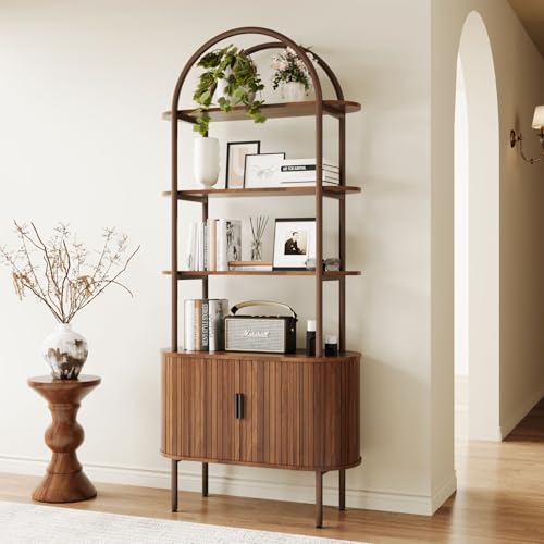 BREEZEHEAT Fluted Arched Bookshelf, Mid Century Modern Bookshelf with Sliding Tambour Doors, 4-Tier Storage Shelf, and Metal Frame, Curved Cabinet for Home Office, Living Room, Bedroom, Walnut
