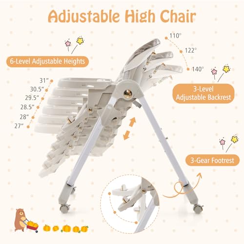 Image of HOMGX Portable High Chair, Foldable Baby Feeding Chair with Adjustable Footrest & Backrest, Large Dishwasher-Safe Double Tray, Toddler Highchair for 6-36 Months, Grey