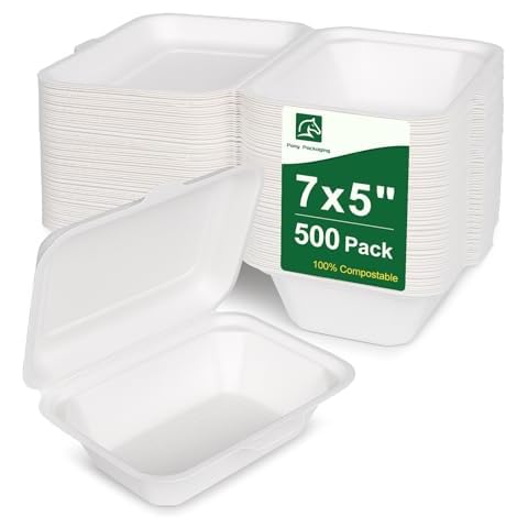 Pony Packaging 500 Pack Compostable Clamshell Food Containers, 7x5 Inch Disposable To Go Containers with Lids, 100% Compostable Heavy-Duty To Go Boxes, Eco-Friendly Paper Containers for Food Cover