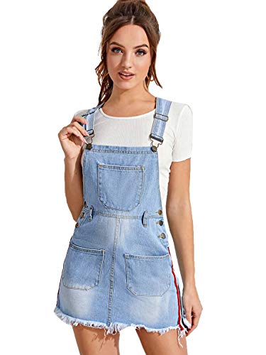 Milumia Women's Pocket Front Denim Skirt Adjustable Strap Raw Hem Pinafore Overall Dress Blue Small