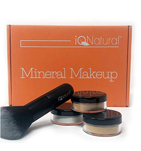 iQ Natural Mineral Makeup Starter Kit – Powder Brush, 2 Mineral Foundation Shades, Setting Veil, for Flawless Bare Looking Skin, 4 Piece Full Size Set