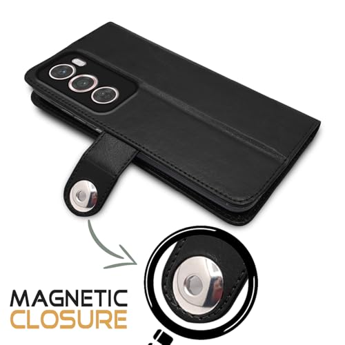 Image of Pikkme Flip Cover Leather Finish | Inside TPU with Card Pockets | Wallet Stand and Shock Proof | Complete Protection Button Flip Case for Oppo Reno 12 Pro 5G (Black)