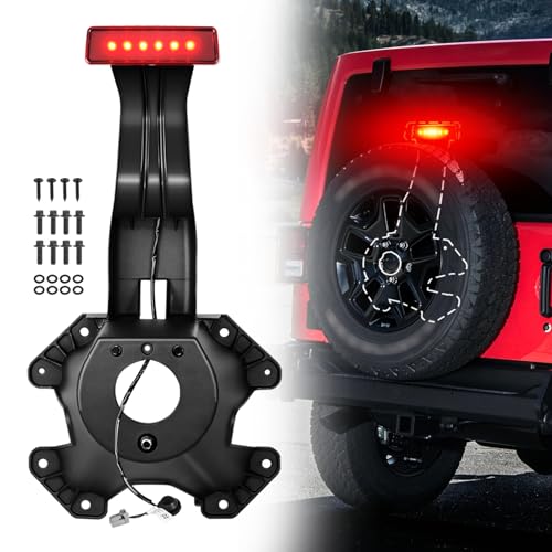 FILTERUP Spare Tire Holder Bracket with 3rd High Mount Brake Light & Wiring Harness, Screws Compatible with Jeep Wrangler JK 2007-2018 Tire Carrier Rack Replace# 55397217AJ, 68048581AA (Red Lens)
