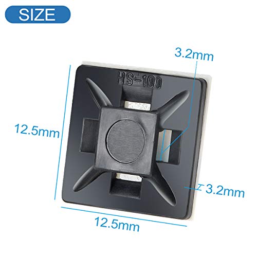 XHF 200 PCS 1/2" Black Self Adhesive Cable Zip Tie Mounts Wire Cable Clips Holders Management Anchors Organizer Holders Squares(HS-100)