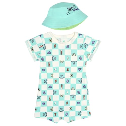 Disney Monsters Inc. Baby Boys' 2-Piece Romper and Bucket Hat Set Teal Checkerboard 12 Months