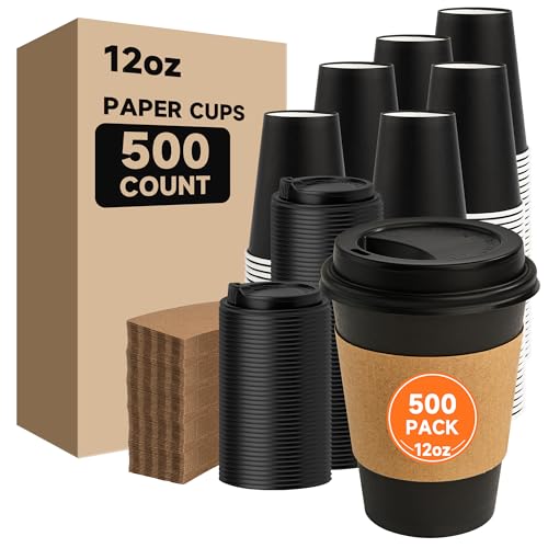 METAPRINT 500 Pack 12 oz Disposable Coffee Cups with Lids
