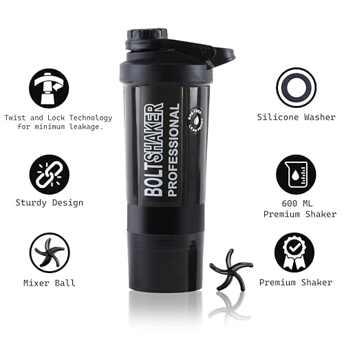 Image of Zyro Protein Funnel & Bolt Protein Shaker Bottle with Blending Mixer Ball 600 ml Shaker (Pack of 2, Multicolor, Plastic)