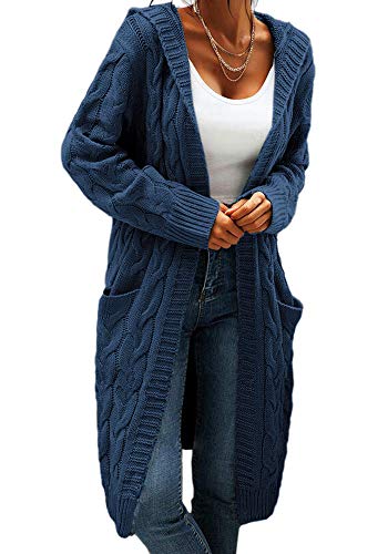 Image of Women Hooded Open Front Cardigan Cable Knit Chunky Long Sweater Coats | solid color, cable knit ,long duster cardigan,chunky coatigan,winter ,falll ,side pockets