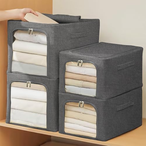 Yellow Weaves 1 Pc Clothes Organizer for Wardrobe, Foldable, Stackable, Space Saver Closet Basket, Cupboard Almirah Organizer, Storage Box for Clothes (Grey, Large)