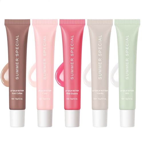 5 Pcs Summer Lip Balm Butter Hydration Lip Gloss Lightweight & Non-Sticky Natural Tint Radiant Glow Soothes & Softens Dry Lips Vanilla/Mint/Iced Coffee/Cake/Guava