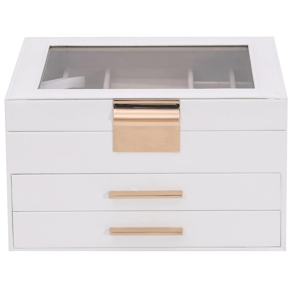 Biała szkatułka na biżuterię z 3 warstwami z poliuretanu i aksamitu, 23 x 20,5 x 14 cm, 2 szuflady, z uchwytem na pierścionki i przegródkami na kolczyki, łańcuszki, bransoletki, toaletkę i