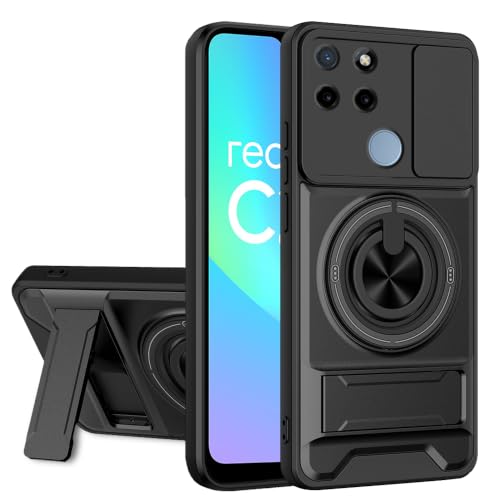 Image of AESTMO Realme C25Y Back Cover | Armor Camera Slider 360 Degree Rotating Finger Ring Holder Case with Bracket Stand Back Case Cover (Compatible with MagSafe Accessories) (Black)