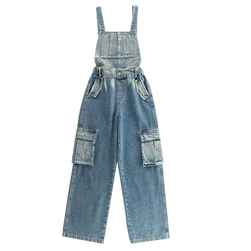 Girls Suspender Wide Leg Jeans Solid Color Work Denim Pants with Multiple-Pockets Baggy Causal Cargo Overalls