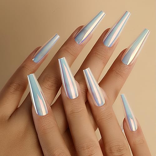 Chrome Press on Nails Ballerina Long Coffin False Nails Holographic