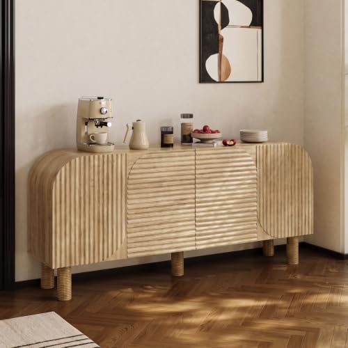 Image of 71 inch Curved Sideboard Cabinet with Storage, 4-Door Buffet Credenza,Natural | Large wood credenza features four textured arched doors, roomy storage, and anti-tip hardware for dining rooms and entryways
