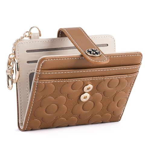 Image of RFID Wallet Women,Slim Small Wallets Embossed Flower Leather Bifold Compact Ladies Girls Wallet with Credit Card Holder Zipper Coin Pocket Brown