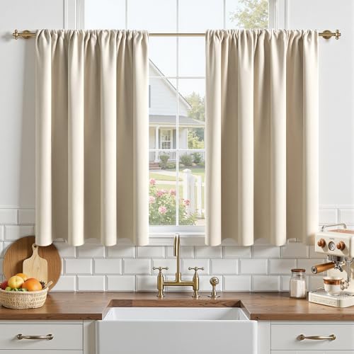 MRTREES Rideaux Courts Occultants Thermique Beige pour Petites Fenêtres de Cuisine Tissu Imperméable Rideau Isolant Phonique Anti Froid Passe Tringle...