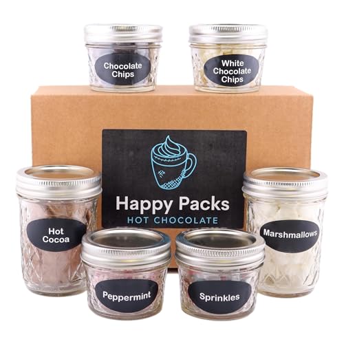 Hot Cocoa Bar Kit by Happy Packs, Includes Hot Cocoa Mix, Mini Marshmallows, Crushed Peppermint Candy, Chocolate Chips, White Chocolate Chips & Christmas Sprinkles, Premium Hot Chocolate Gift Sets