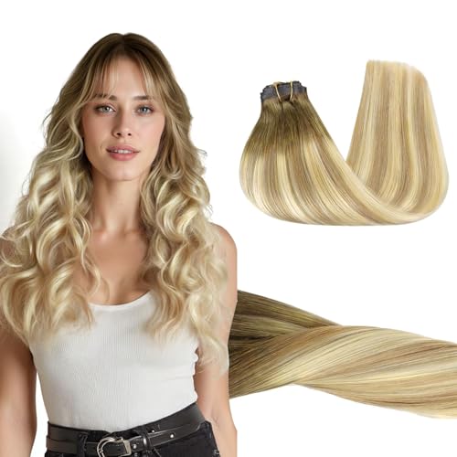 Image of GOO GOO Clip in Hair Extensions Real Human Hair, Remy Human Hair Extensions Clip ins for Women, Natural Human Hair, 14inch 110g 7Pcs, 5A /90 /16F Bahamian Balayage