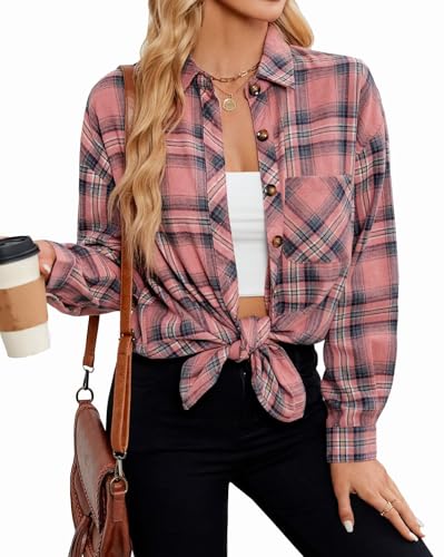 Image of Lacozy Womens Buffalo Plaid Flannel Shirt Long Sleeve Collar Button Down Blouses Tops