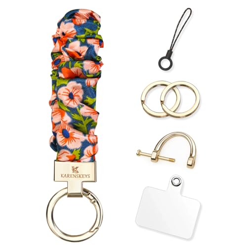 Image of Scrunchie Keychain Wristlet, Key Chain for Car Keys with D Ring, Stretchy Phone Charms with Tether Tab for Women.