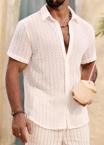 Men's Knit Hollow Out Shirt Casual Summer Vacation Crochet Textured Button Down Shirts (S-XXL)4