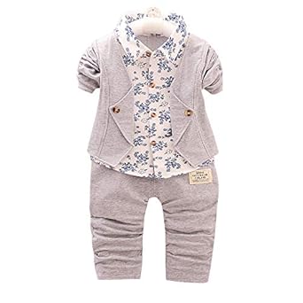 Hopscotch Baby Boys Cotton Solid Half Sleeves Jacket with Shirt and Pant Set in Gray Color