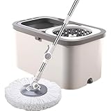 家庭用絞りシステム付きフロアスピンモップとバケツセット - 延長ステンレススチールハンドル 53.5＂、 床掃除用、交換用洗えるマイクロファイバーモップヘッドリフィル5個付き