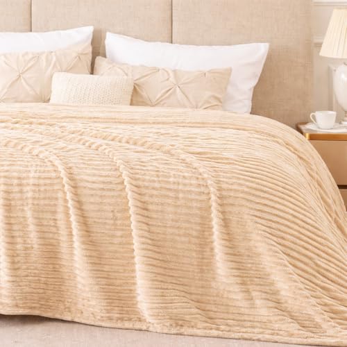 Image of WONJU Premium Ultra Soft Coral Fleece Blanket for Bed & Sofa | Warm Plush Ribbed Throw | Lightweight Cozy Winter Blanket | Machine Washable | Multiple Colors (Cream)