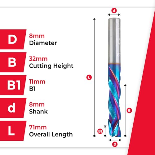 Image of Amana Tool Spektra Extreme Tool Life Solid Carbide CNC Compression Spiral Router Bit, 48325-K-M, 8mm D x 32mm CH x 8mm Shank x 71mm Long 3 Flute