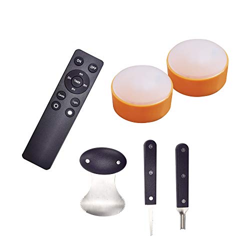 Image of Two Halloween LED Pumpkin Lights with Remote Timer 3 PCS Stainless Steel Pumpkin Carving Cutting Tool Kit Set Jack-O-Lantern Decorations Battery Operated Realistic Flickering Flameless Candles Orange