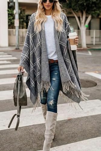 Image of Bestshe Women's Boho Open Front Poncho Plaid Shawl Wrap Cape | Tassel Cardigan Sweater, Cozy Layering, Fall Winter Clothes for Women